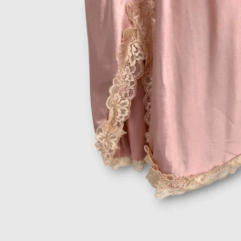 Y2K Pink Satin Lace Trim Slip Mini Dress Open Back Tie Coquette Size S - Picture 3 of 6
